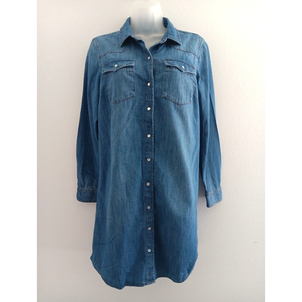 Old Navy Pearl Snap Western Button Up Denim Shirt Dress‎ SMALL Western Rodeo NEW